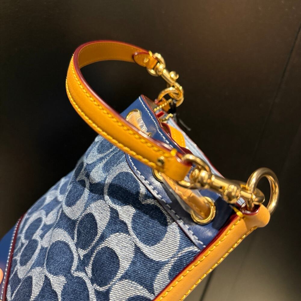 Coach Blue Denim Signature Drawstring Crossbody Bag with Tan Trim - Picture 12 of 12